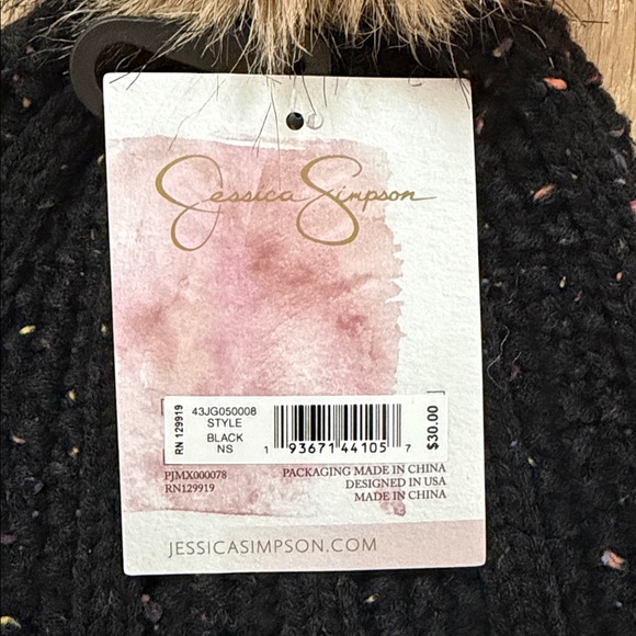 🎅🏽Jessica Simpson Black Speckled Knit Beanie with Brown Pom-Pom - Picture 2 of 2